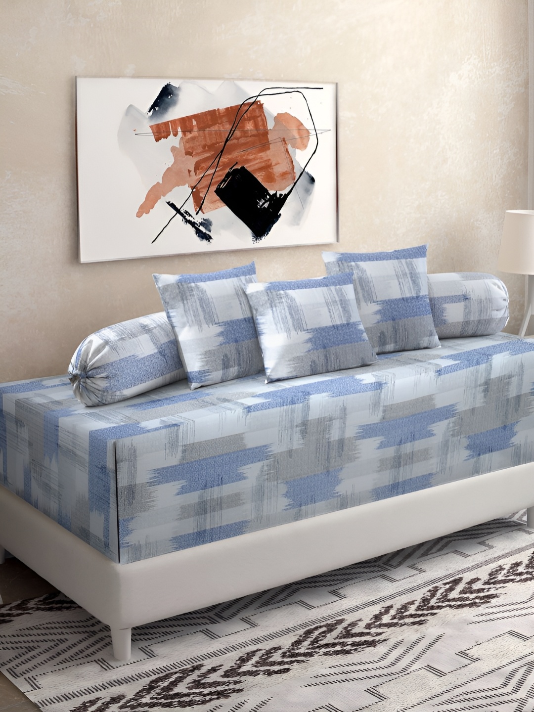 

KLOTTHE Blue & White 6 Pieces Abstract Printed Pure Cotton Diwan Set