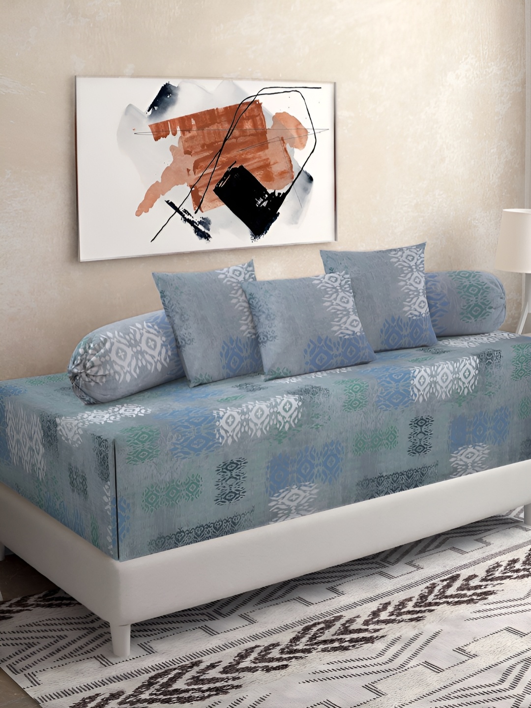

KLOTTHE Blue & White 6 Pieces Geometric Printed Pure Cotton Diwan Set
