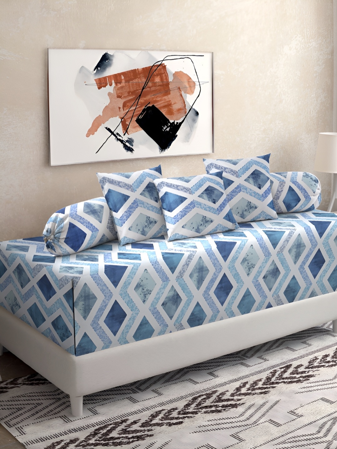 

KLOTTHE Blue & White 6 Pieces Geometric Printed Pure Cotton Diwan Set