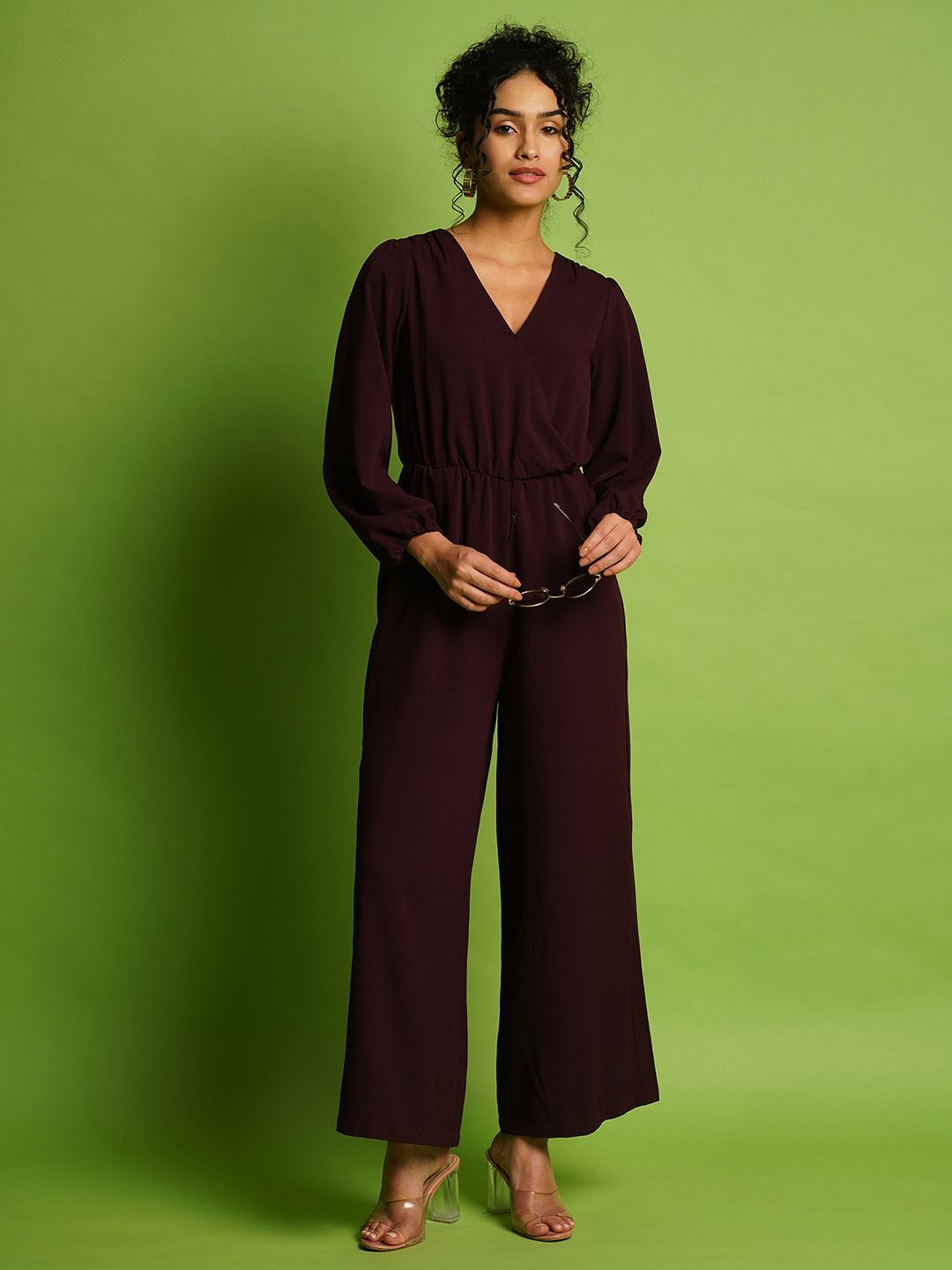 

Globus V-Neck Bishop Sleeves Gathered Detail Wrap Basic Jumpsuit, Purple
