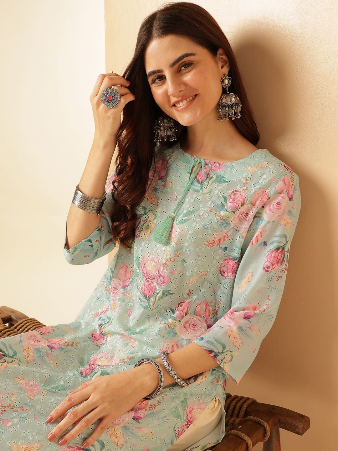 

Anouk Floral Printed Tie-Up Neck Schiffili Pure Cotton Straight Kurta, Sea green