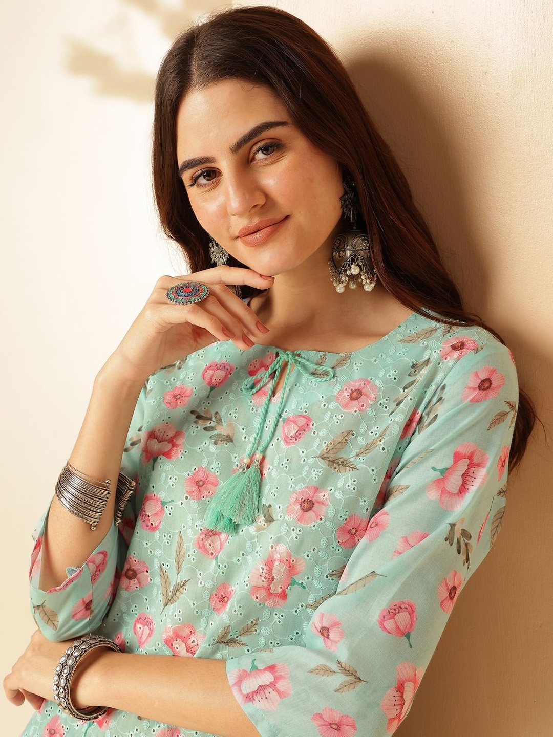 

Anouk Sea Green Floral Printed Tie-Up Neck Thread Work Pure Cotton Straight Kurta