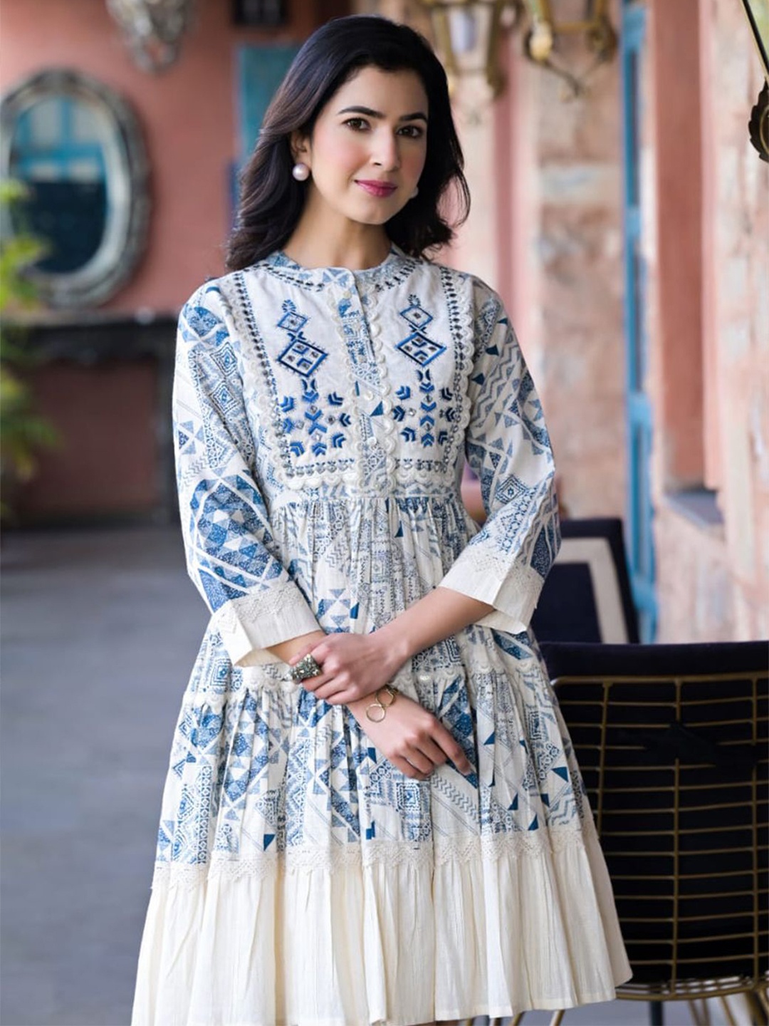 

Kaftanize Women Ethnic Motifs Embroidered Fit & Flare Dress, White