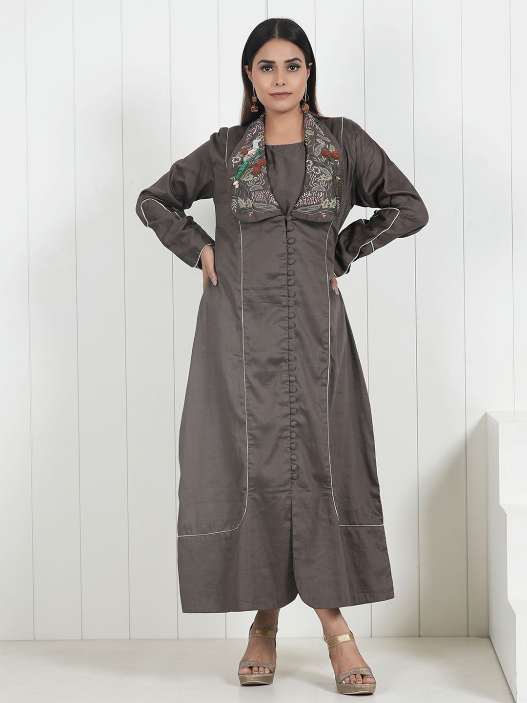 

Kaftanize Embroidery Shoulder Straps Maxi Midi Dress, Brown