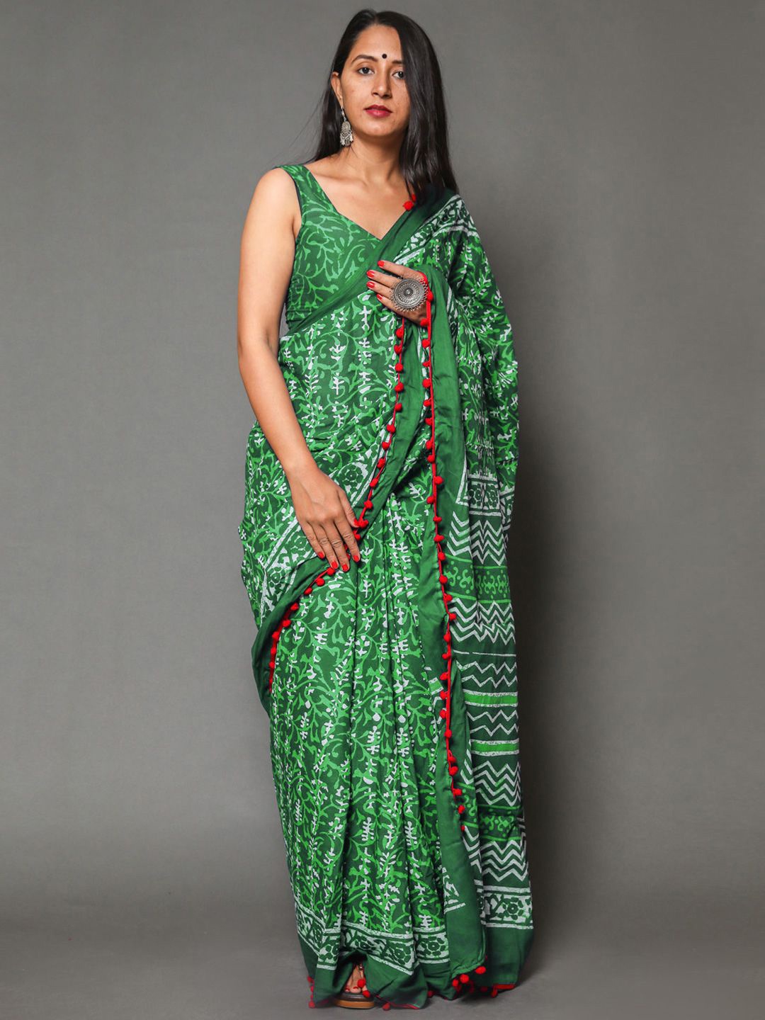 

BUTA BUTI Pure Cotton Ethnic Motif Pompom Border Saree, Green