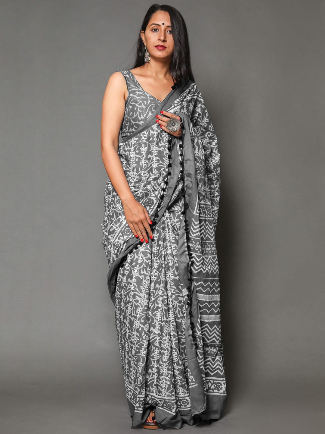 

BUTA BUTI Pure Cotton Ethnic Motif Pompom Border Saree, Grey