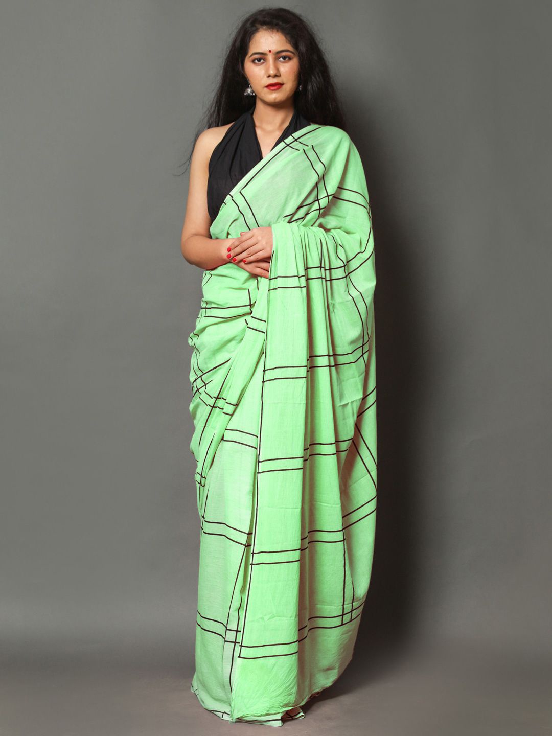 

BUTA BUTI Pure Cotton Checked Saree, Green