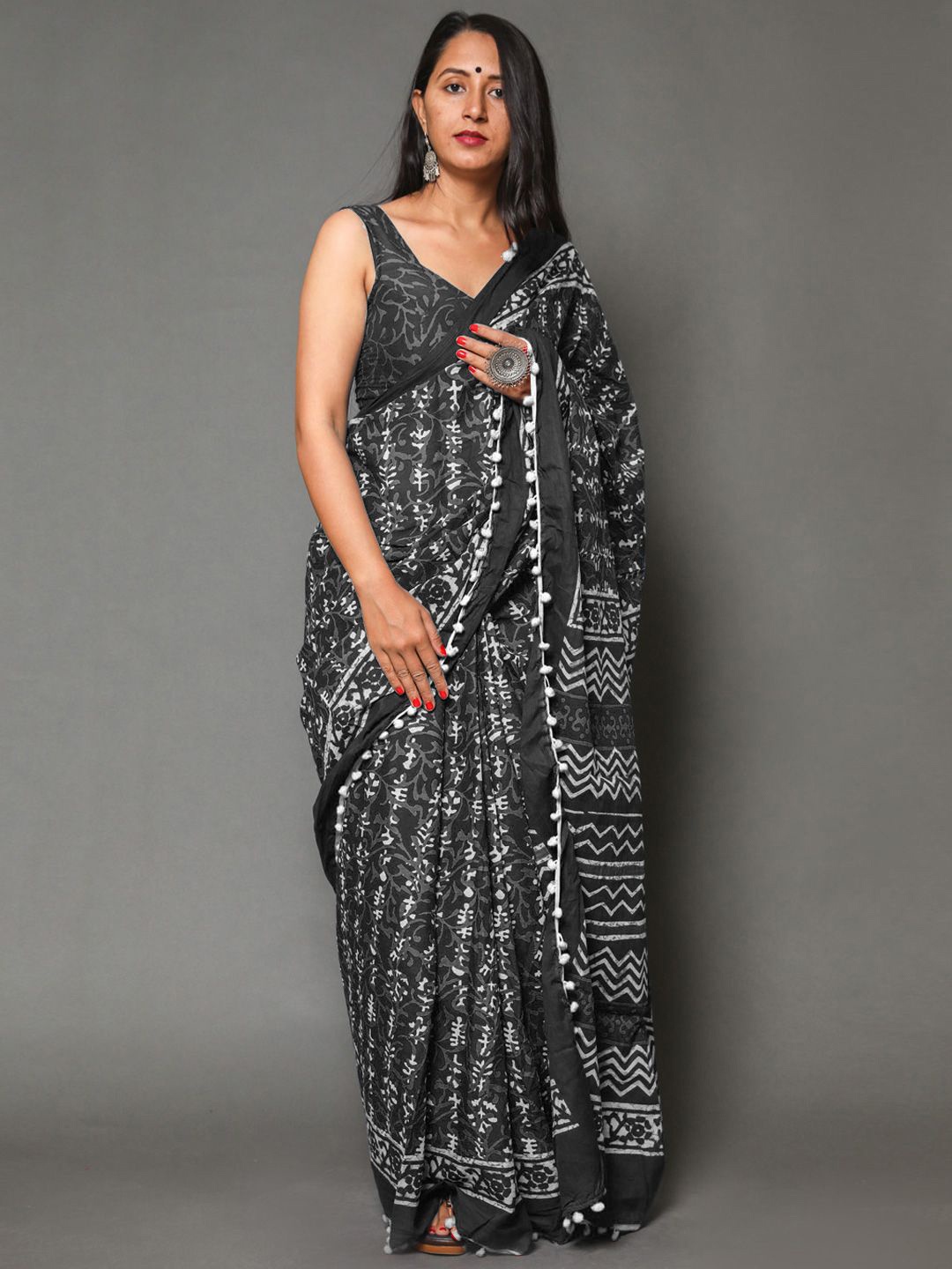 

BUTA BUTI Pure Cotton Ethnic Motif Pompom Border Saree, Black