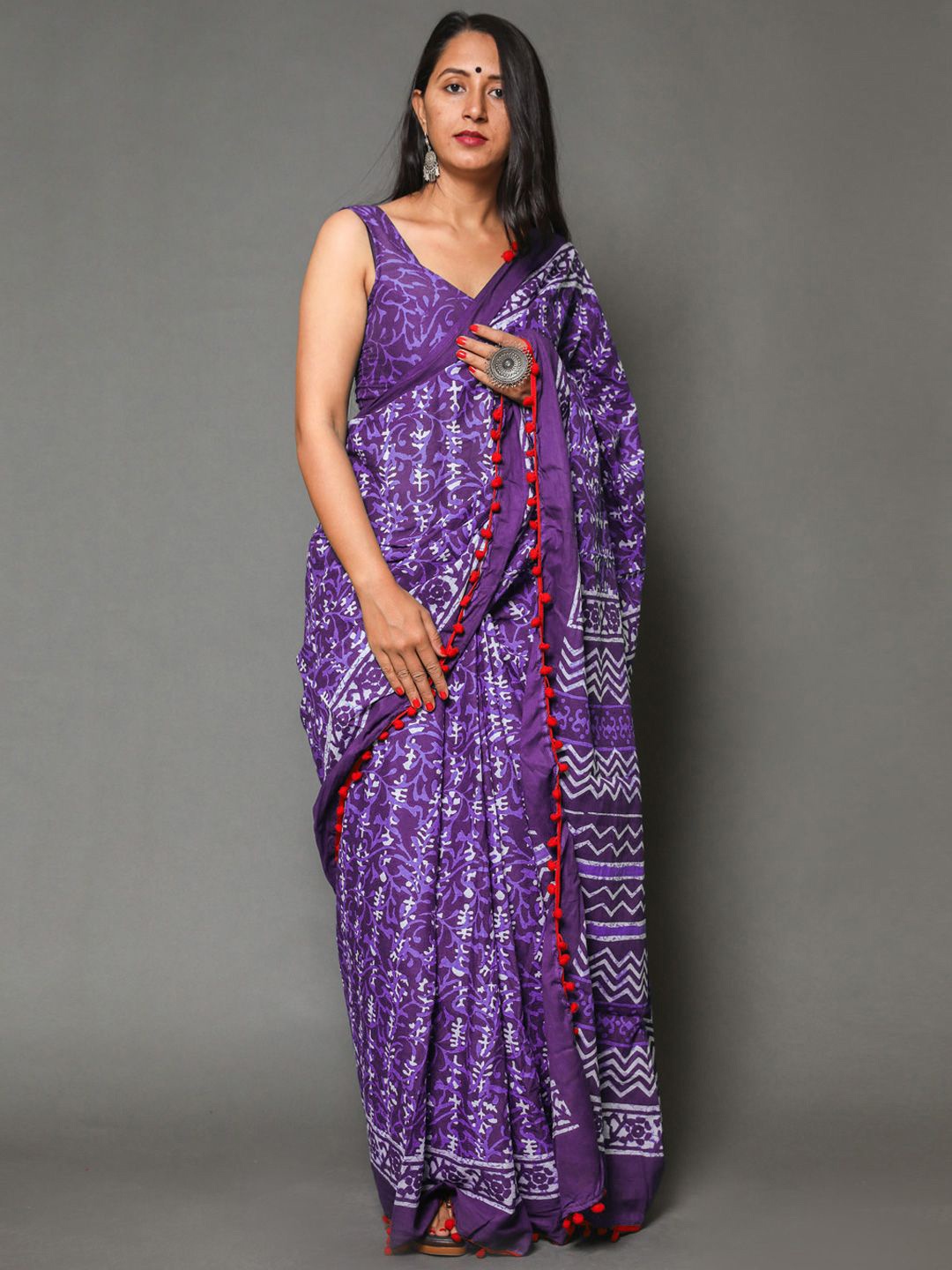 

BUTA BUTI Pure Cotton Ethnic Motif Pompom Border Saree, Purple