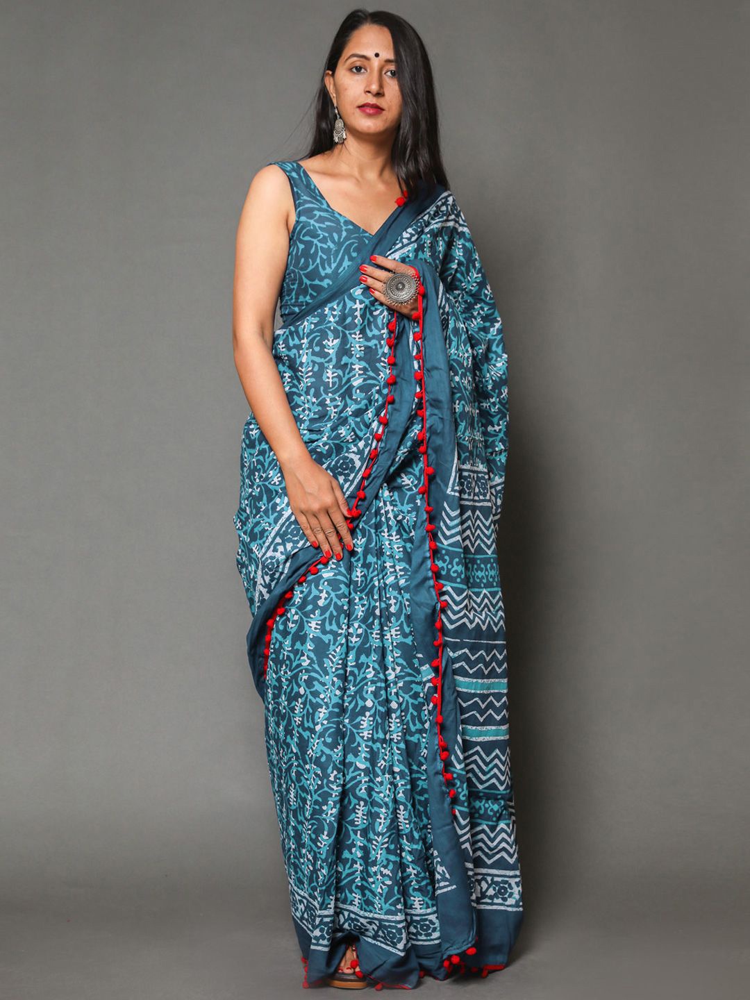 

BUTA BUTI Pure Cotton Ethnic Motif Pompom Border Saree, Turquoise blue