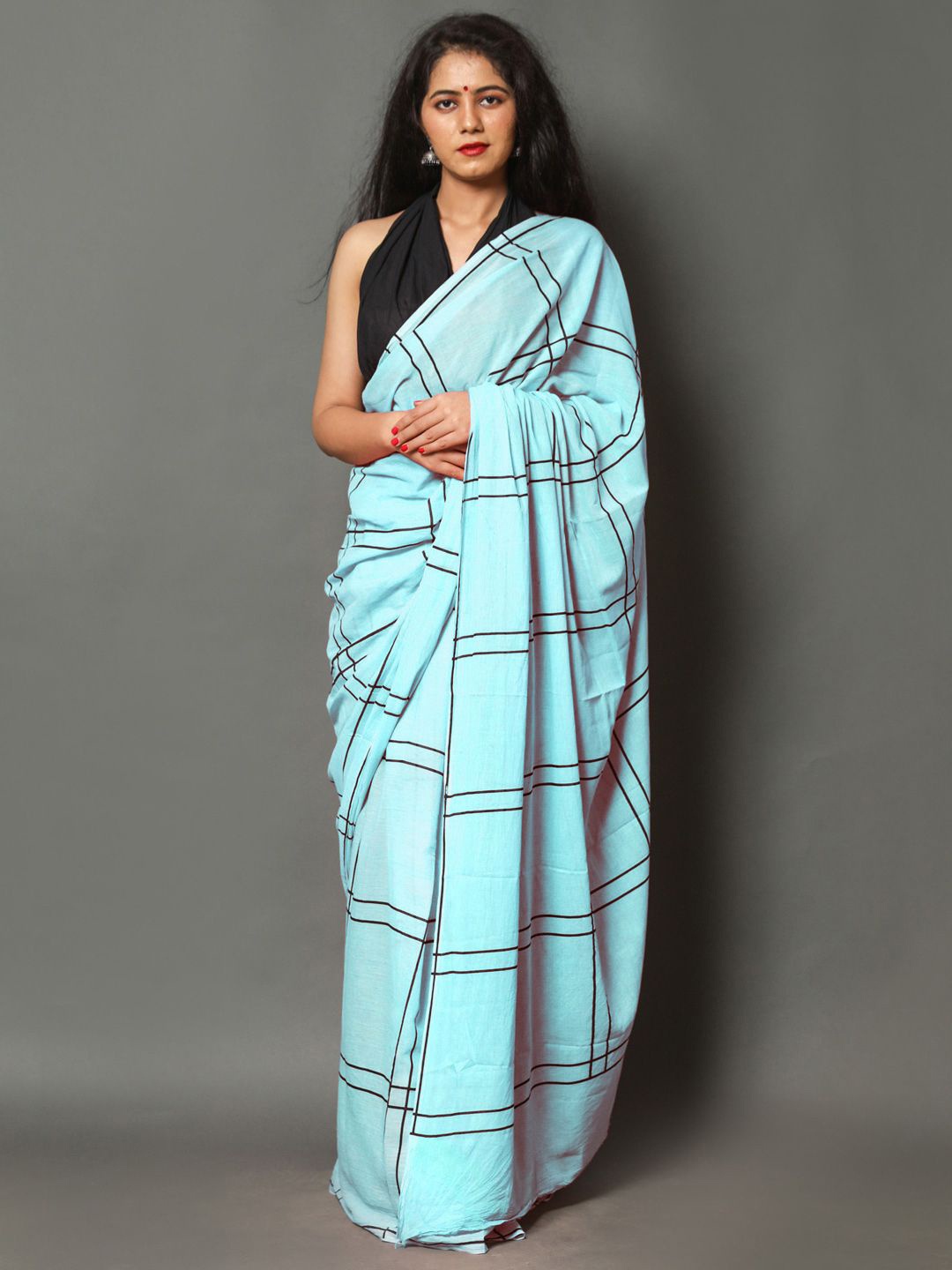 

BUTA BUTI Checked Pure Cotton Saree, Blue