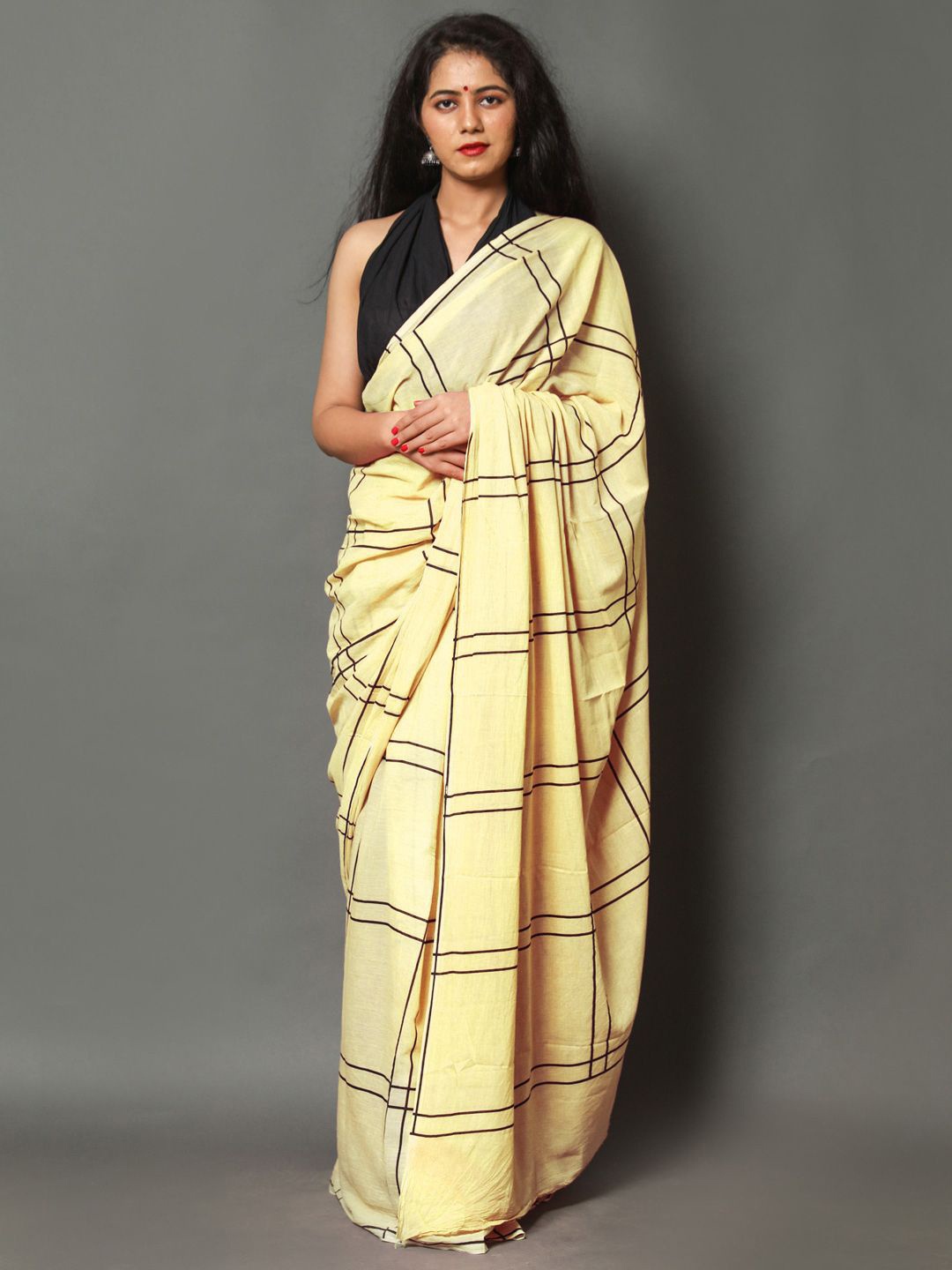 

BUTA BUTI Checked Pure Cotton Saree, Yellow