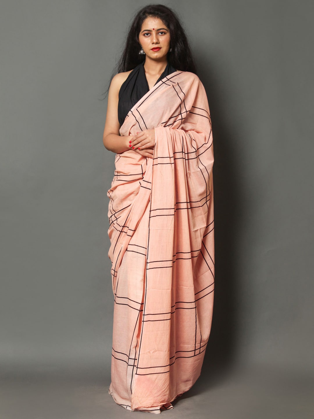 

BUTA BUTI Checked Pure Cotton Saree, Peach