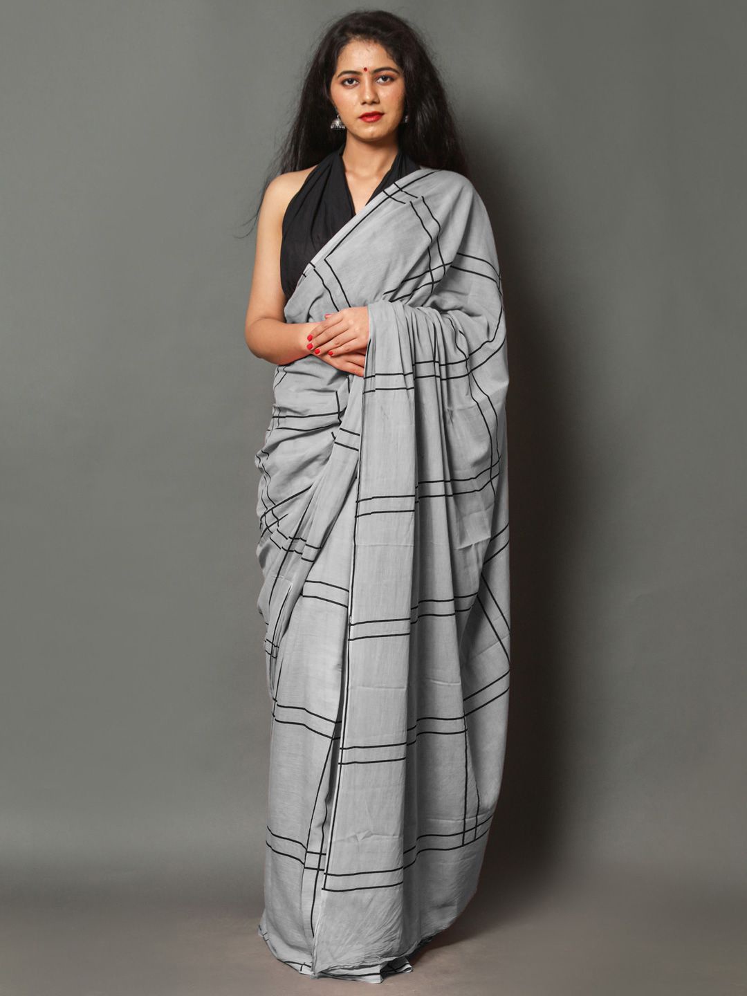 

BUTA BUTI Checked Pure Cotton Saree, Grey