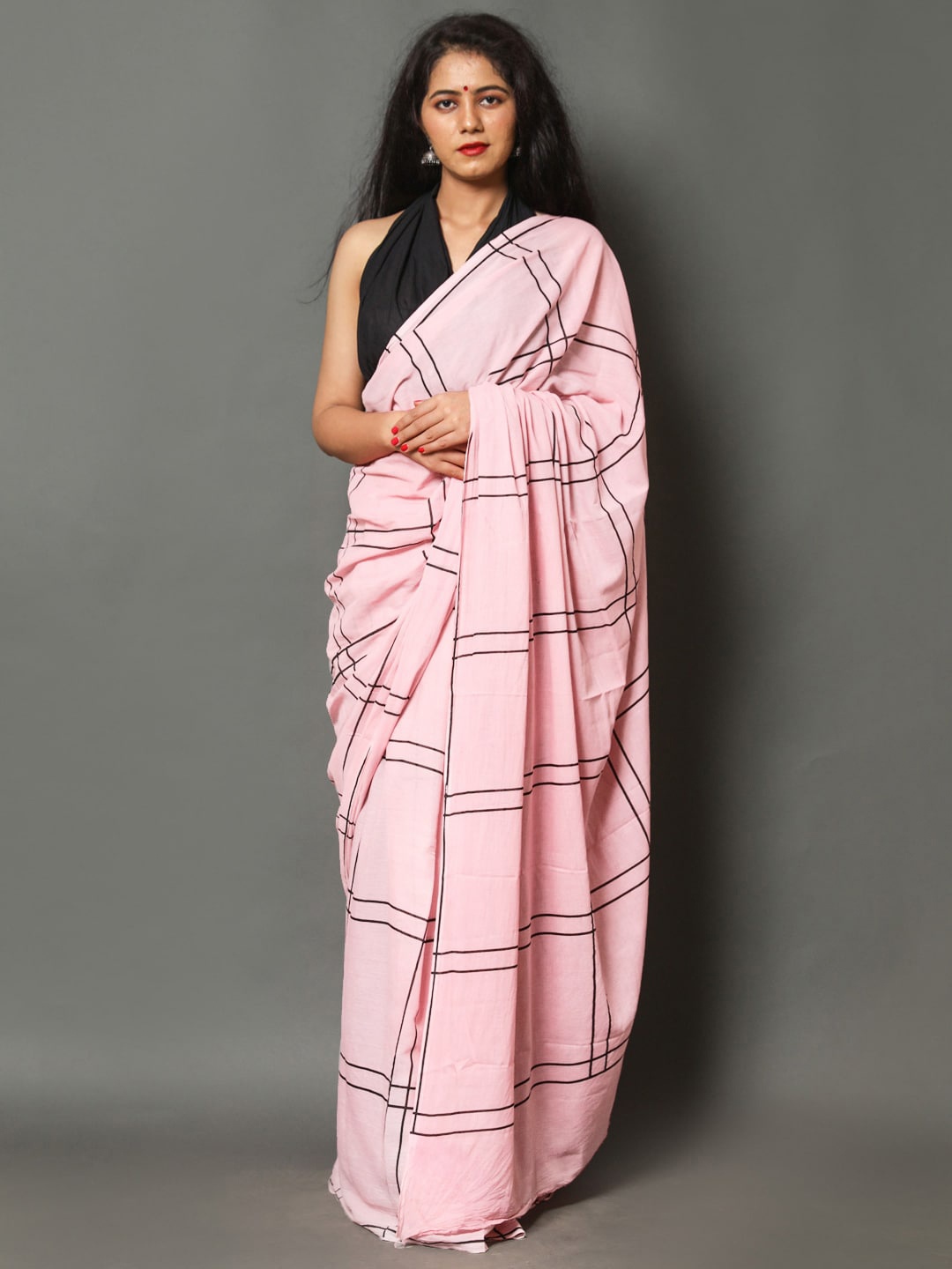 

BUTA BUTI Checked Pure Cotton Saree, Peach