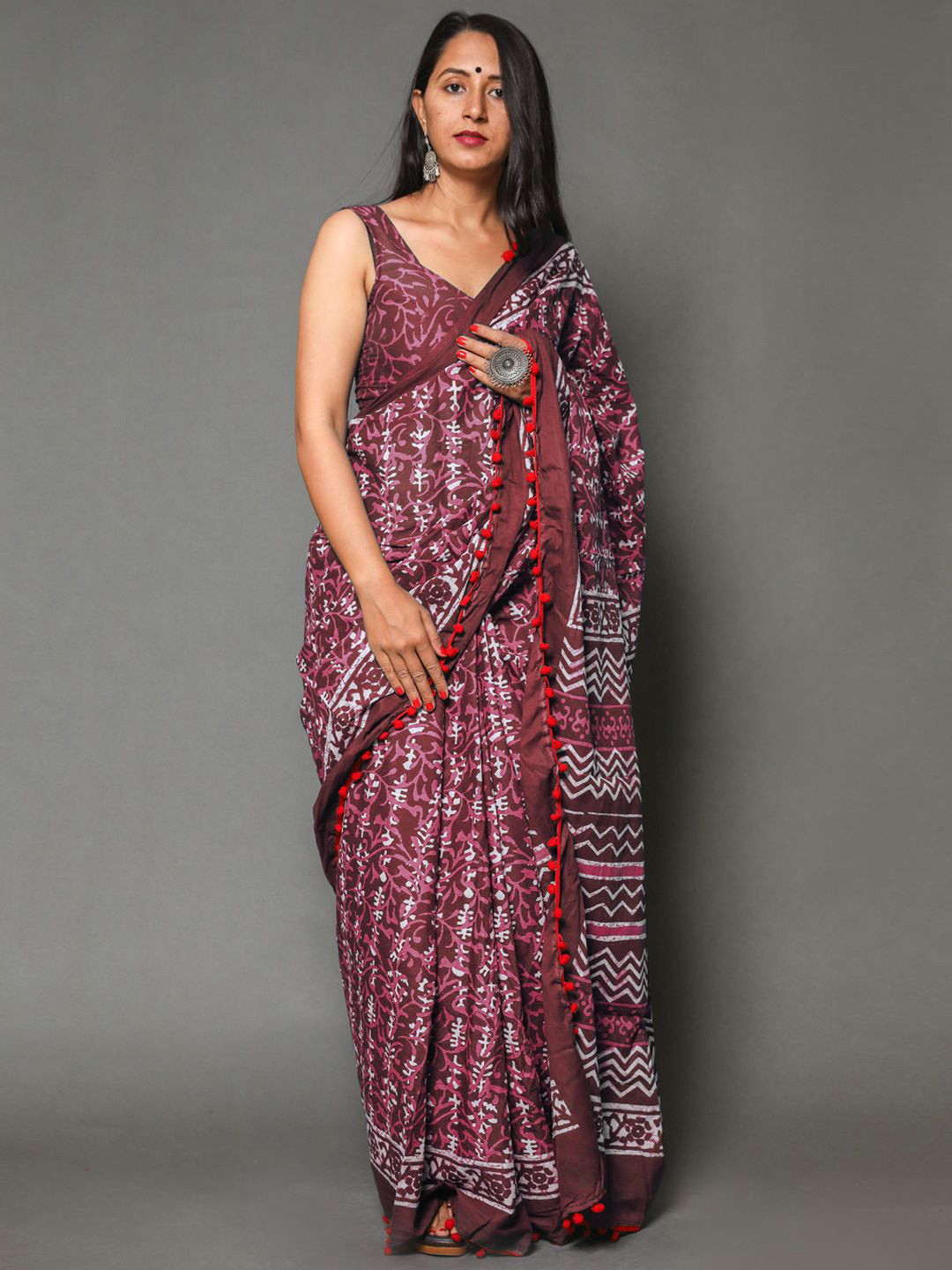 

BUTA BUTI Ethnic Motifs Pure Cotton Pompom Border Saree, Maroon