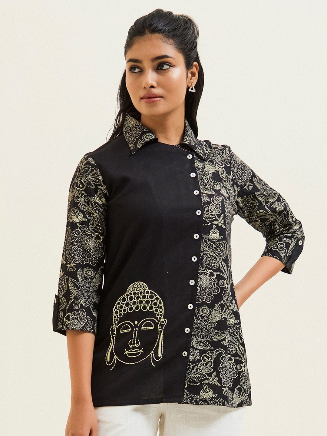 

Jaipur Kurti Buddha Embroidered Printed Overlapped Shirt, Black