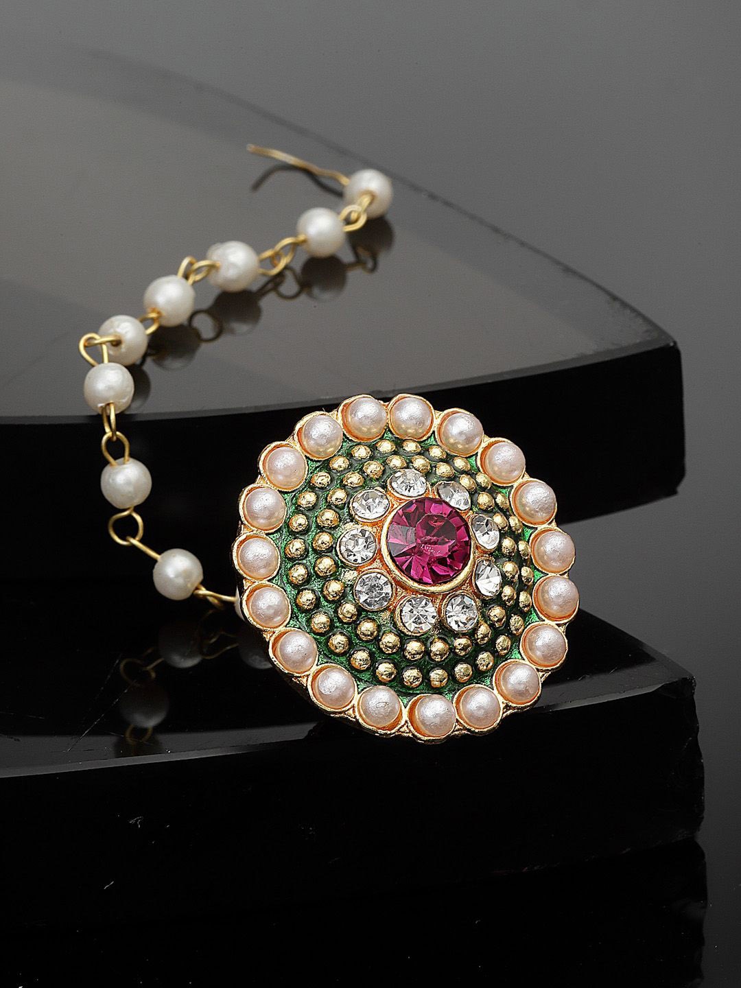 

Sanjog Gold-Plated Stone-Studded & Beaded Bor Borla Pearl Maang Tikka