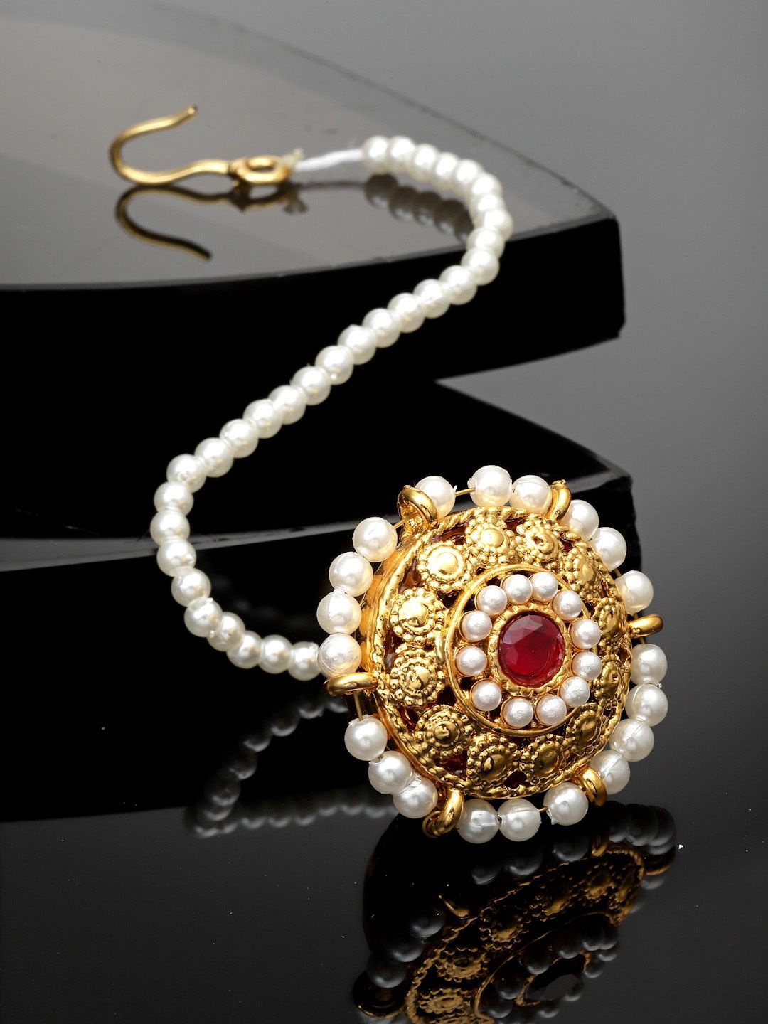 

Sanjog Gold-Plated Stone-Studded & Beaded Bor Borla Pearl Maang Tikka