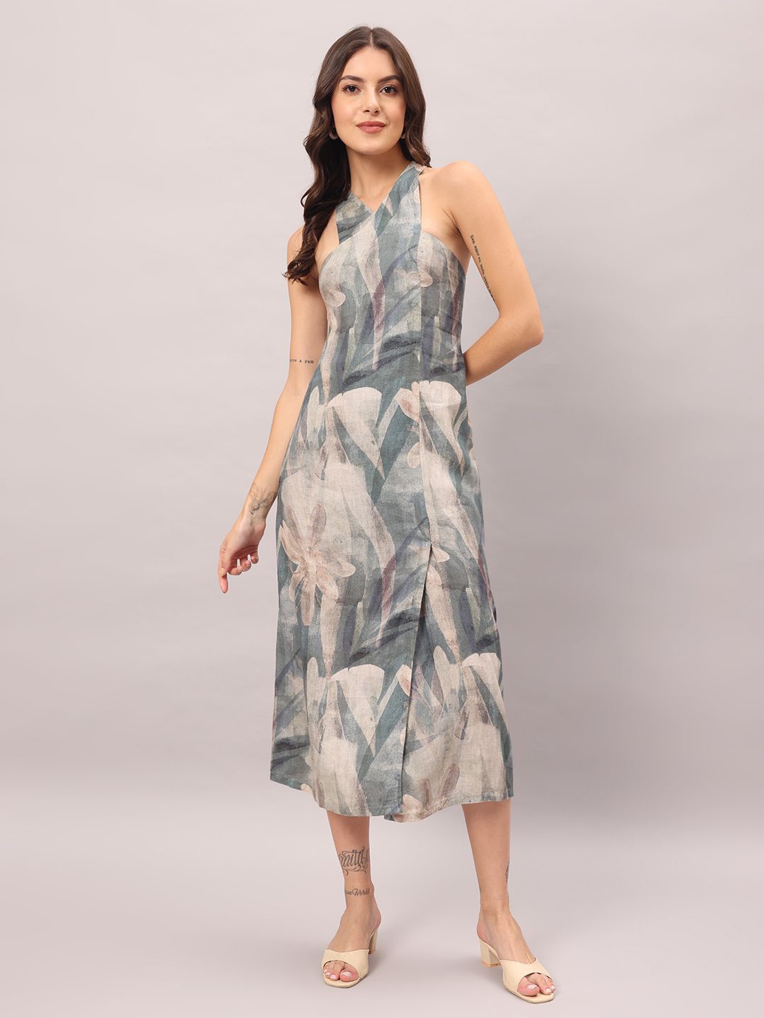 

BRIJAL LAD Women Abstract Printed A-Line Midi Dress, Blue