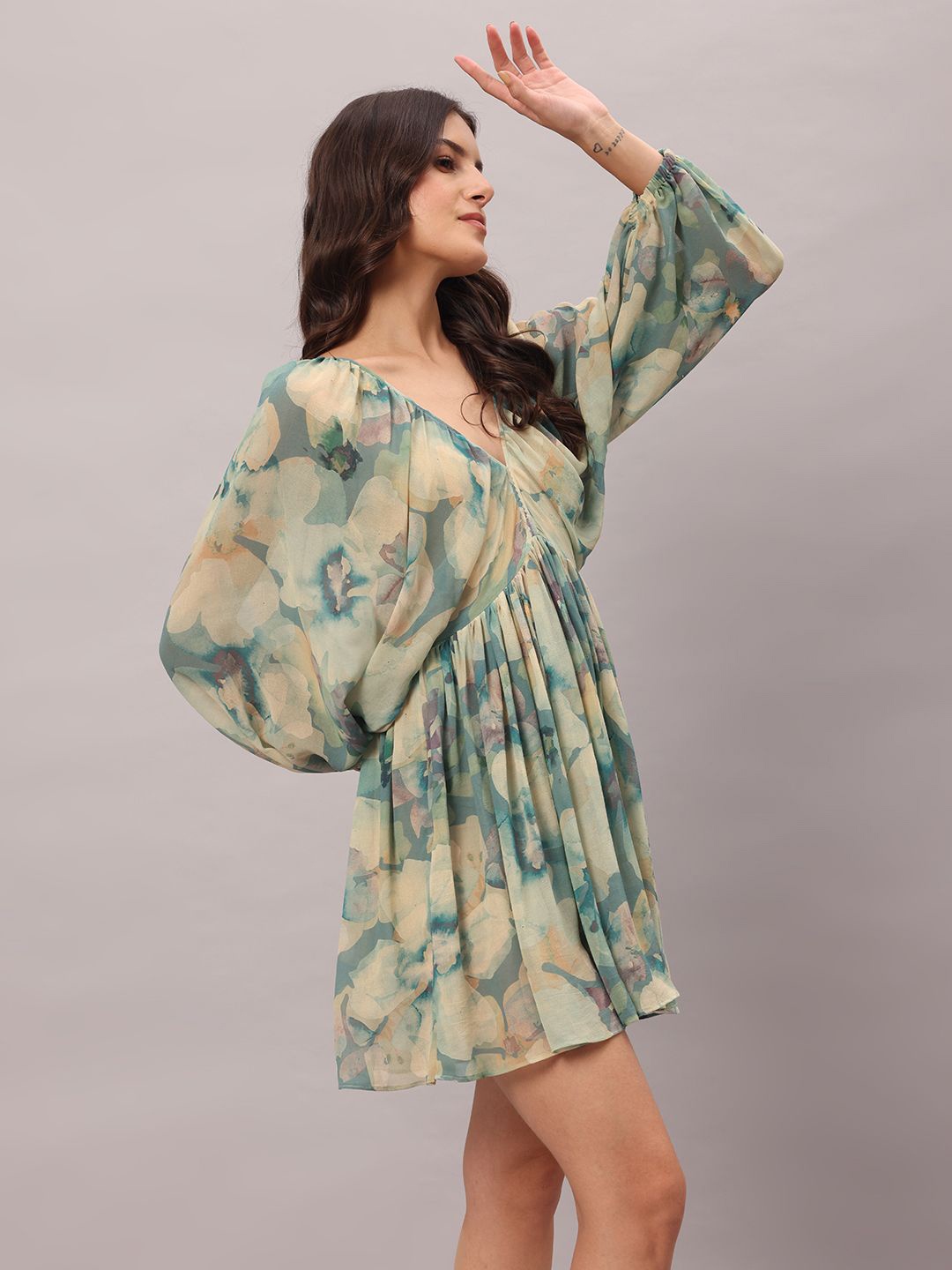 

BRIJAL LAD Floral Print Georgette A-Line Dress, Green