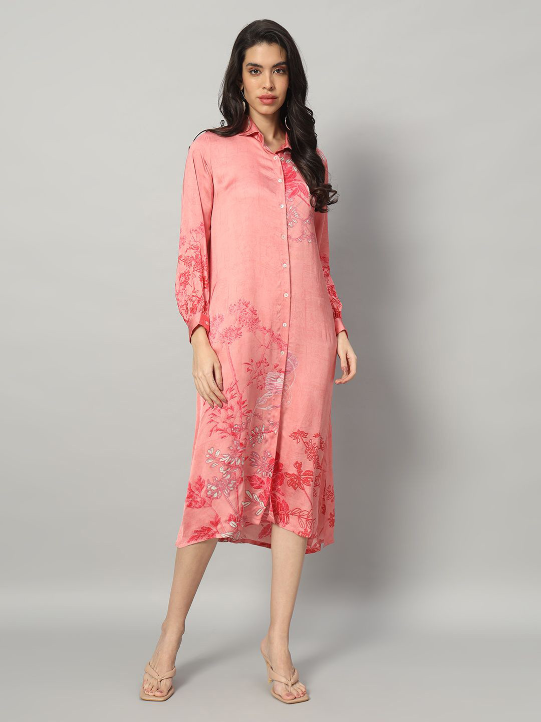 

BRIJAL LAD Women Floral Print Satin Shirt Knee Length Dress, Pink