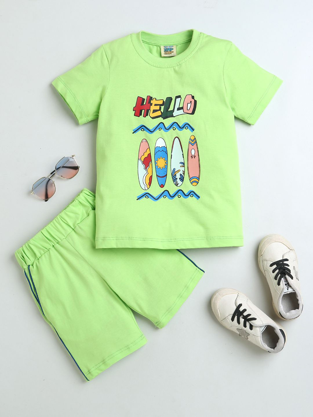 

ZIP ZAP ZOOP Boys Printed Pure Cotton T-shirt with Shorts, Fluorescent green