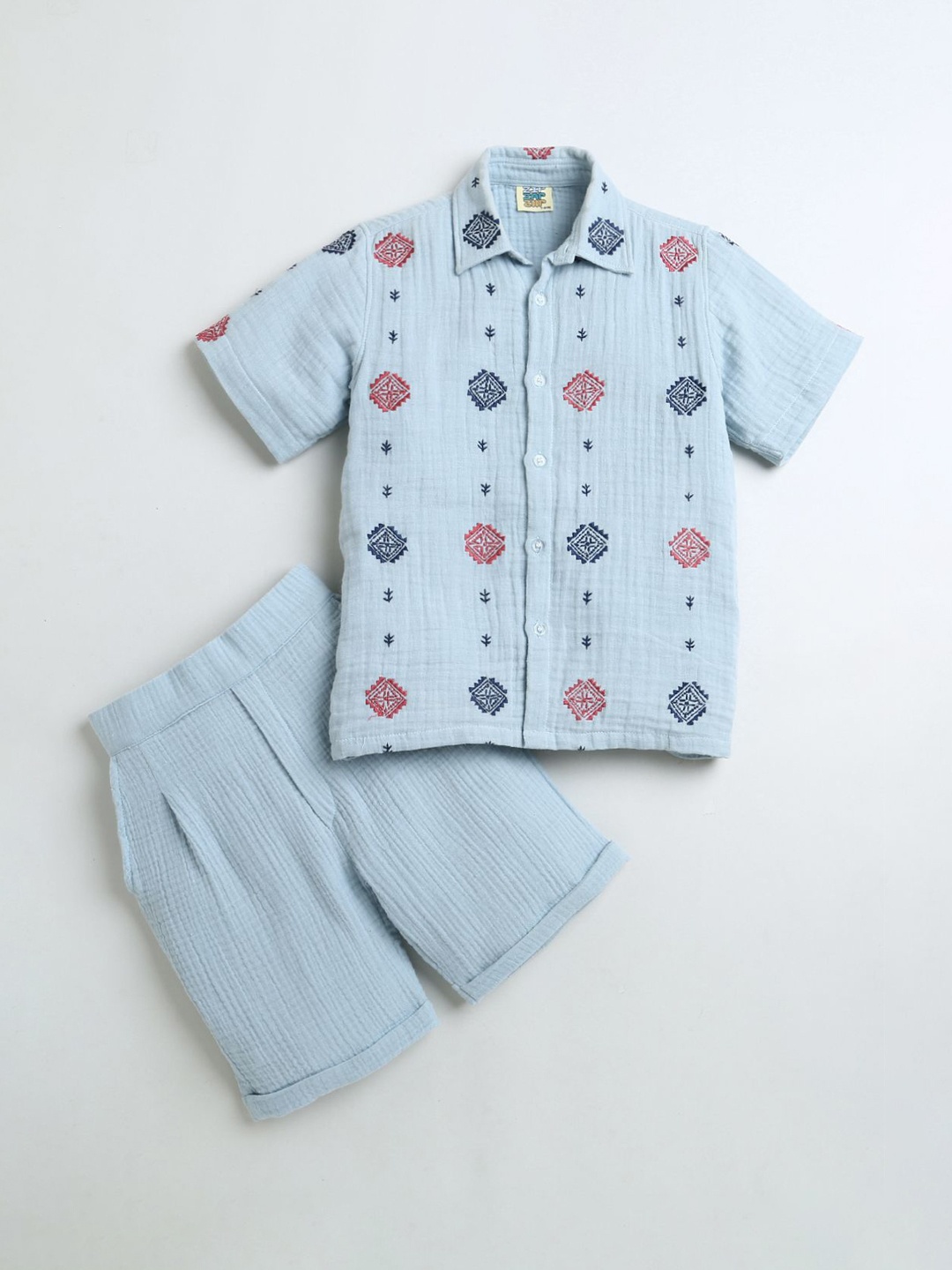 

ZIP ZAP ZOOP Boys Embroidered Pure Cotton Shirt with Shorts, Blue