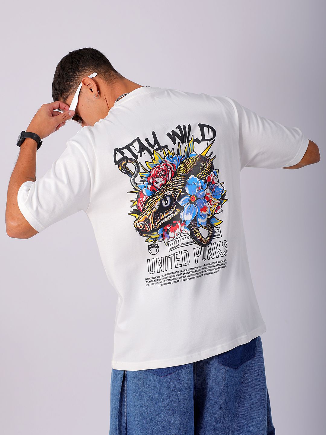

The Indian Garage Co Men Cotton Back Printed Boxy Oversized Round Neck T-shirt, White