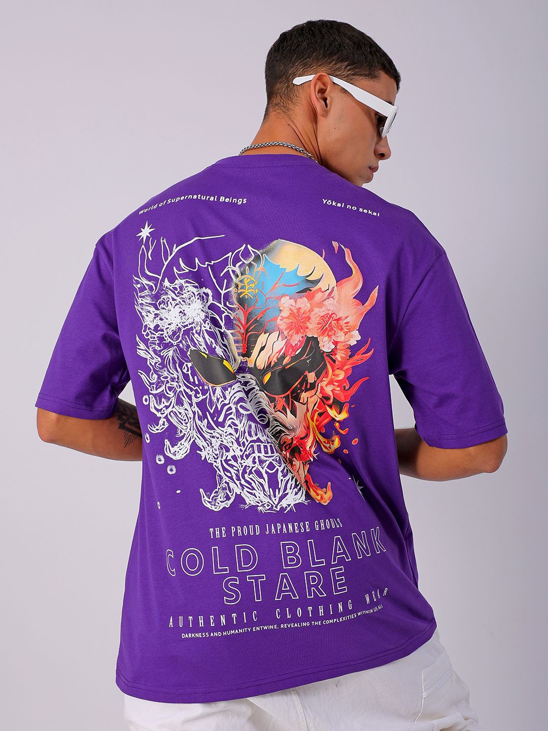

The Indian Garage Co Men Back Printed Boxy Oversized Round Neck T-shirt, Purple