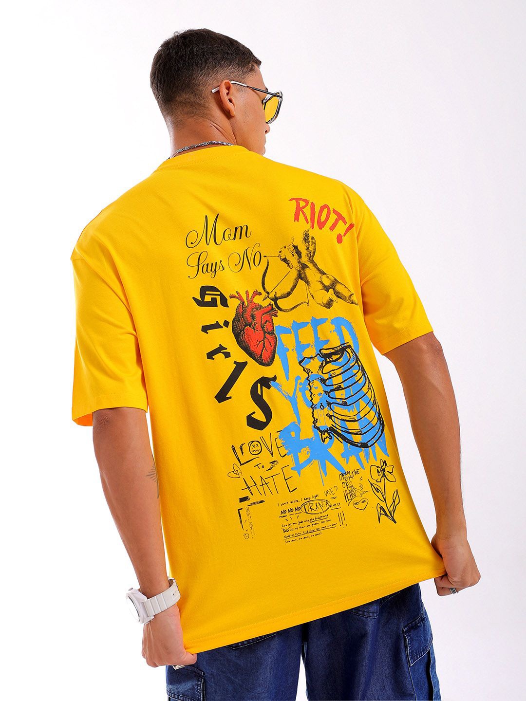 

The Indian Garage Co Men Back Printed Boxy Oversized Round Neck T-shirt, Yellow