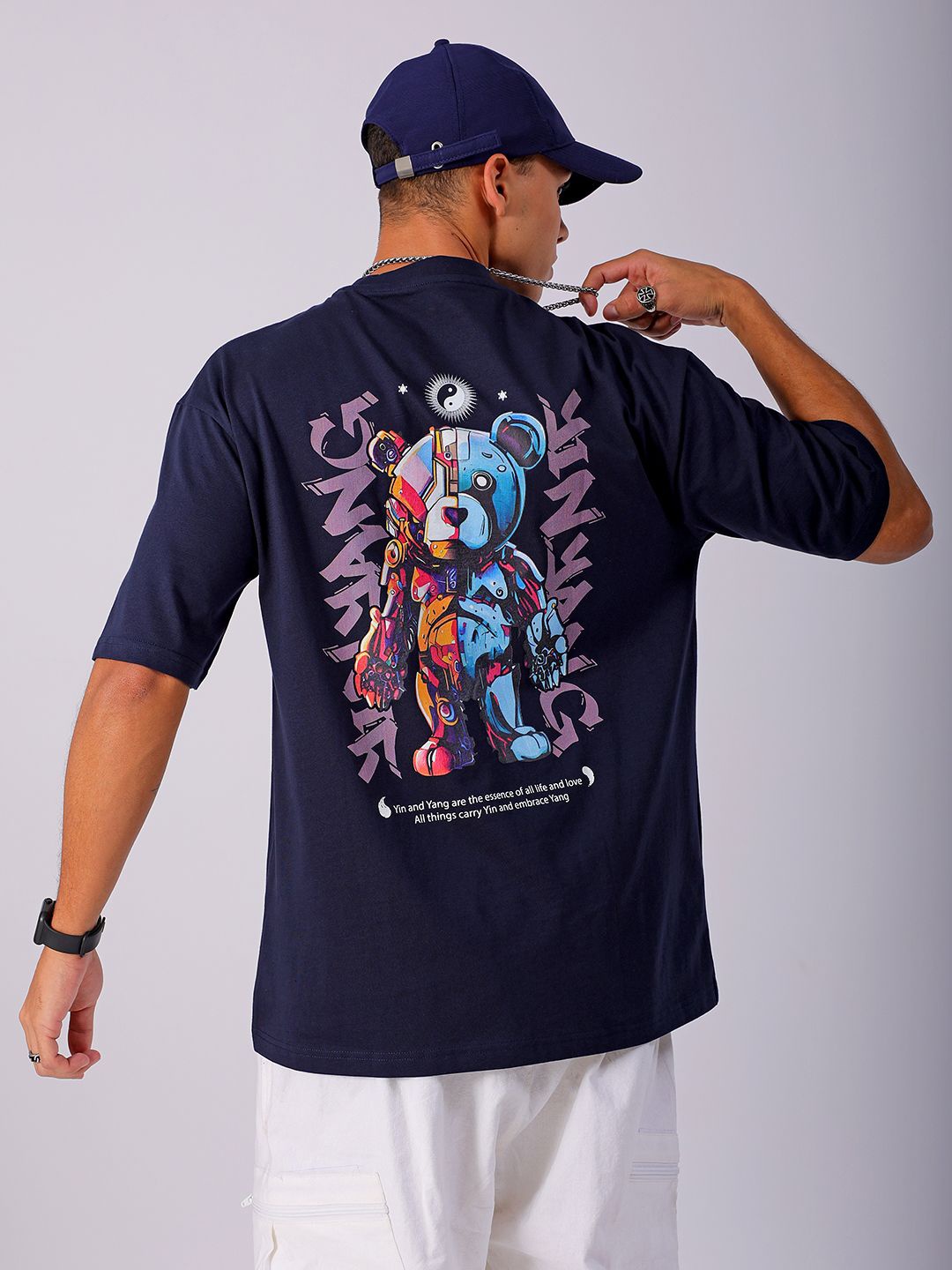 

The Indian Garage Co Men Back Printed Boxy Oversized Round Neck T-shirt, Navy blue