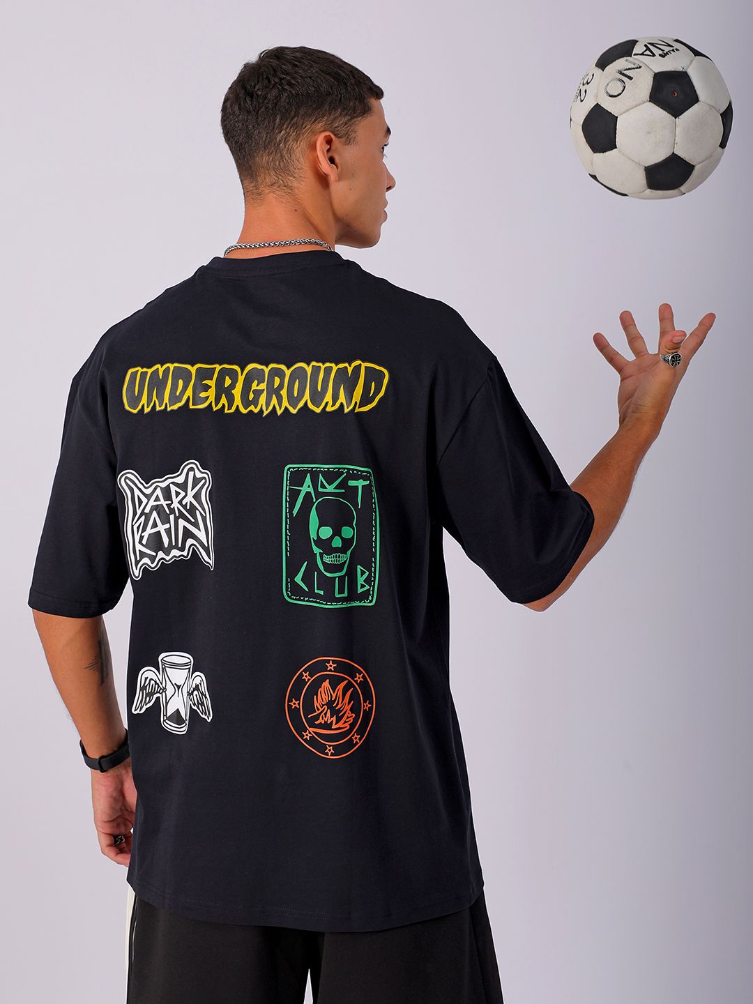 The Indian Garage Co Men Back Printed Oversized Round Neck T-shirt, Black