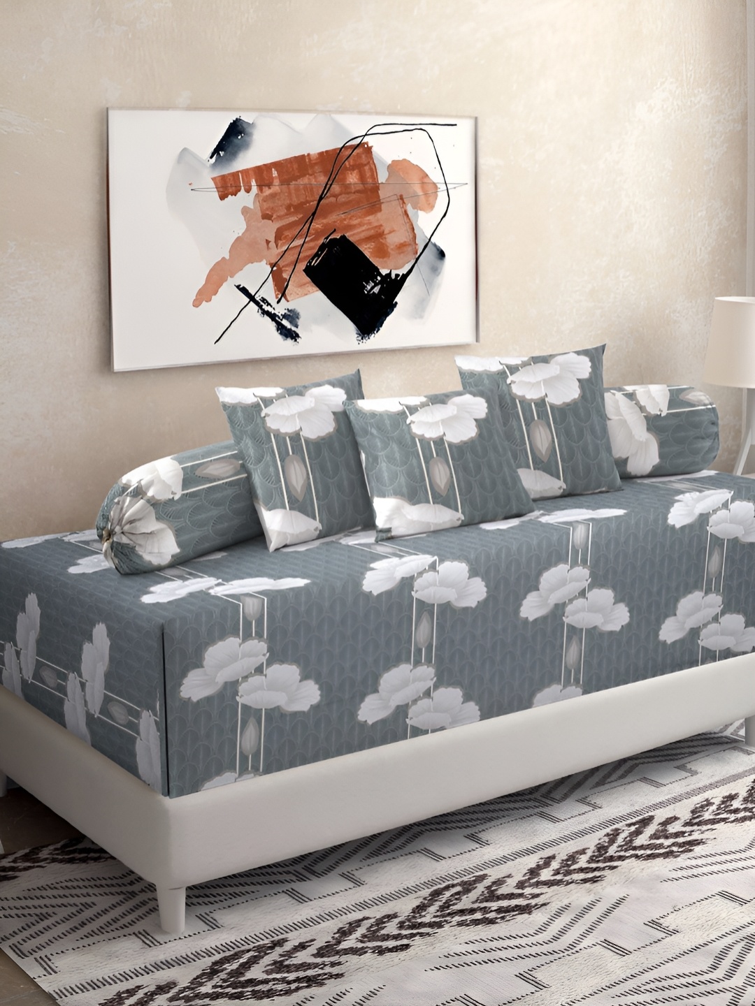 

KLOTTHE Grey & White 6 Pieces Floral Printed Pure Cotton Diwan Set