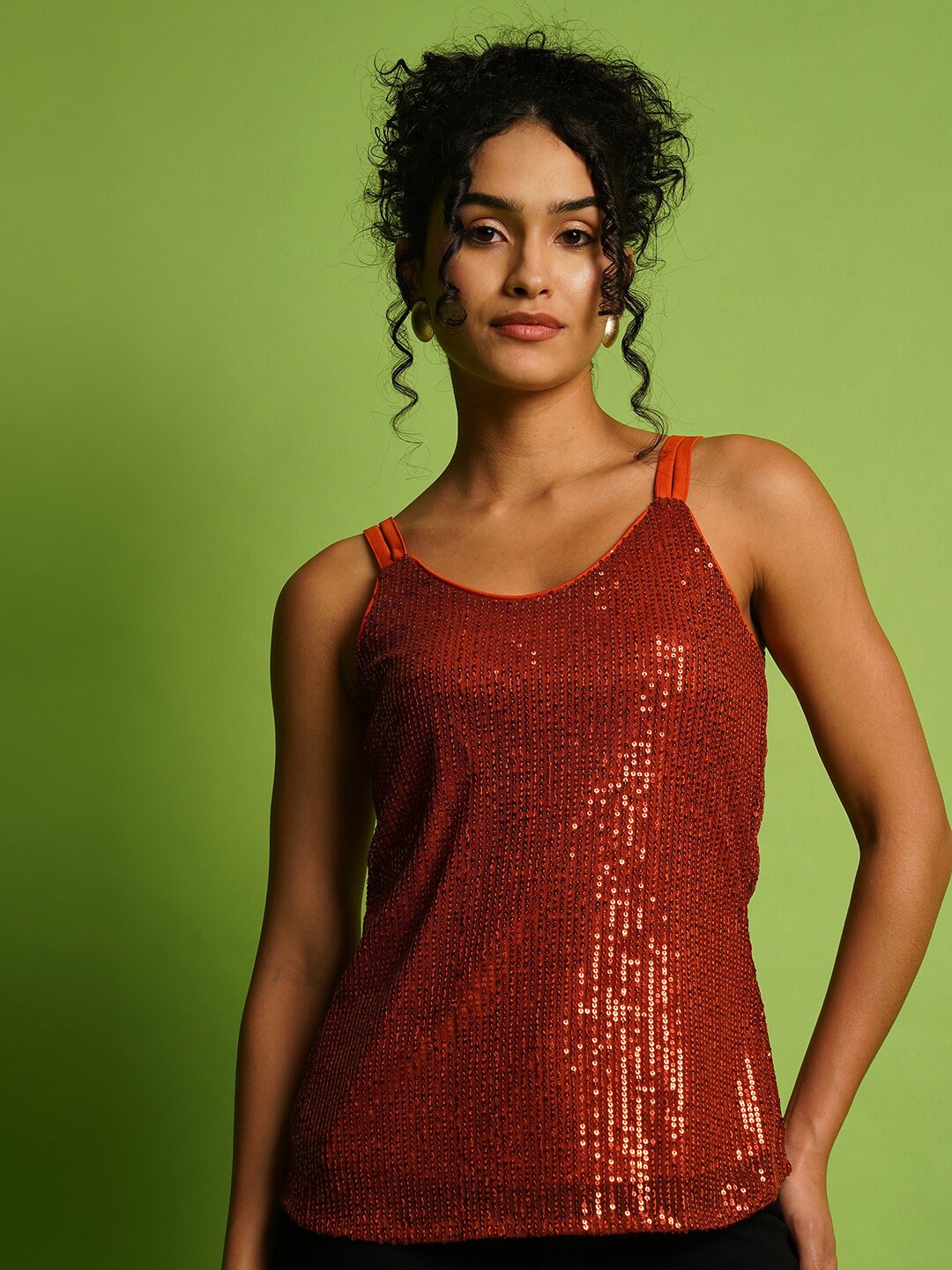 

Globus Embellished Sequined Shoulder Straps Top, Rust