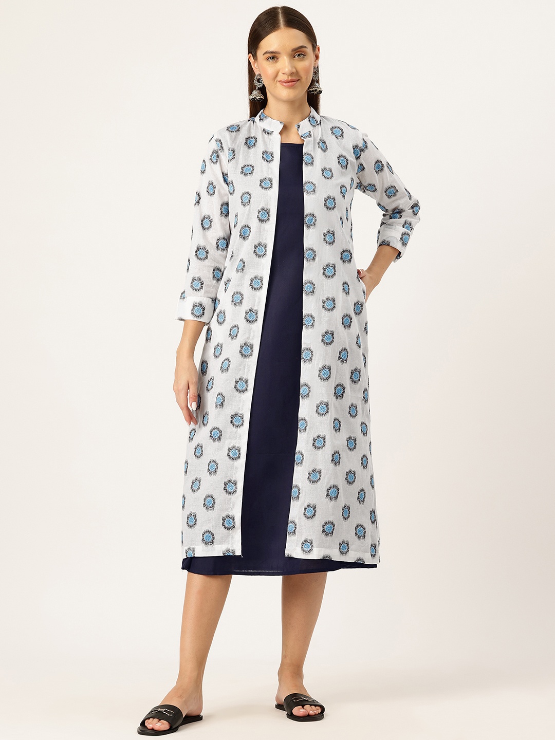 

Molcha A-Line Pure Cotton Ethnic Dress With Shrug, White