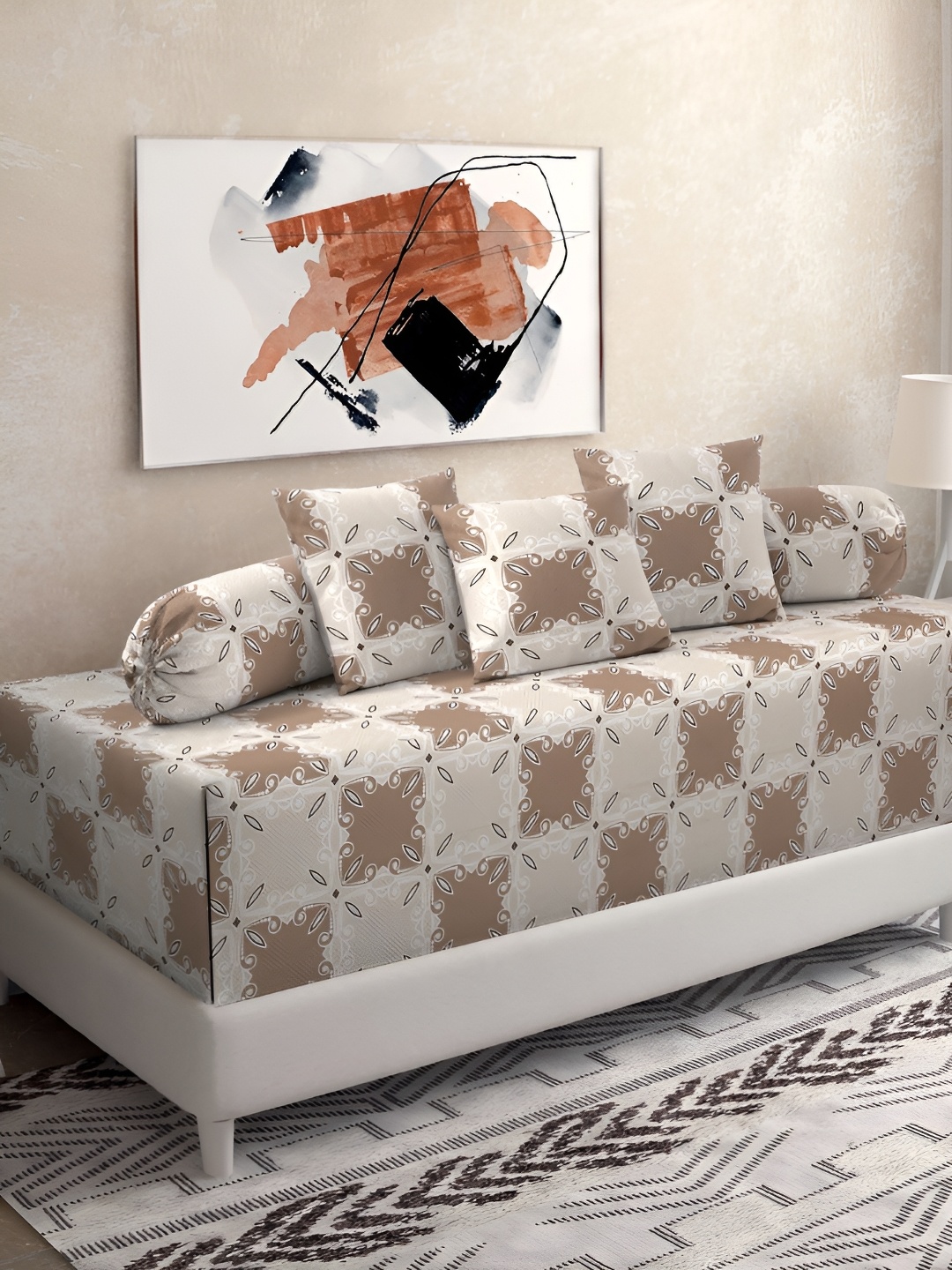 

KLOTTHE Brown & White 6 Pieces Floral Printed Pure Cotton Diwan Set