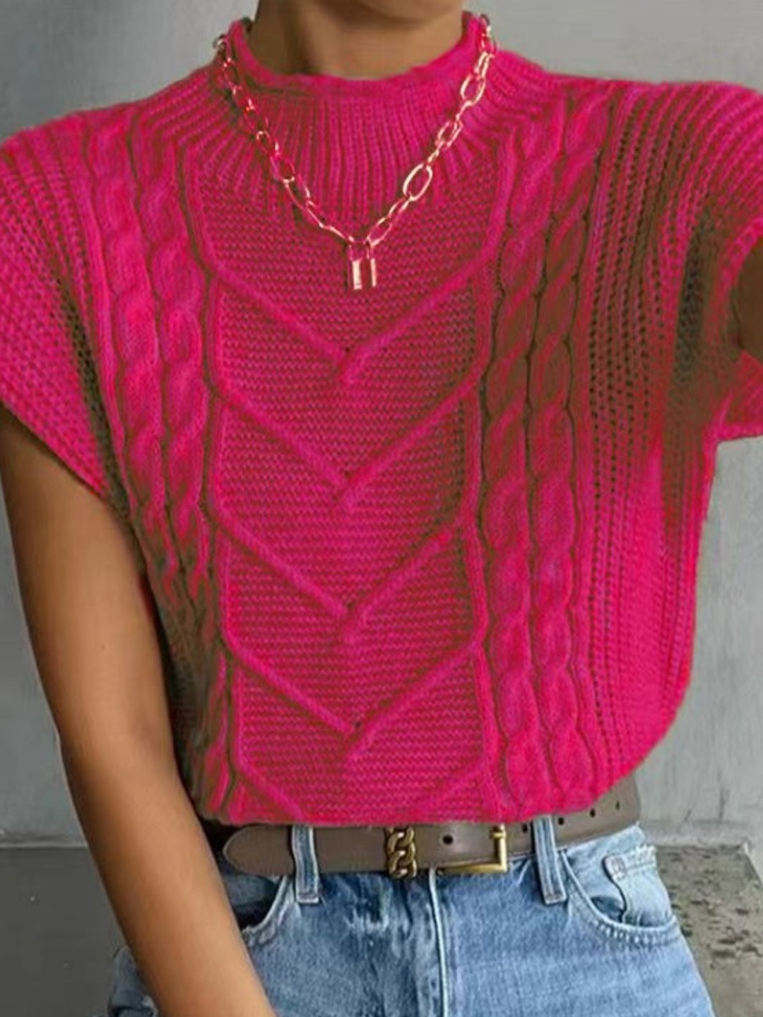 

StyleCast High Neck Self Designed Knitted Top, Pink