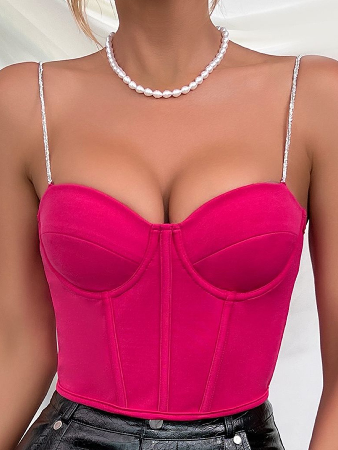 

StyleCast Solid Sweetheart Neck Shoulder Straps Crop Corset Top, Pink