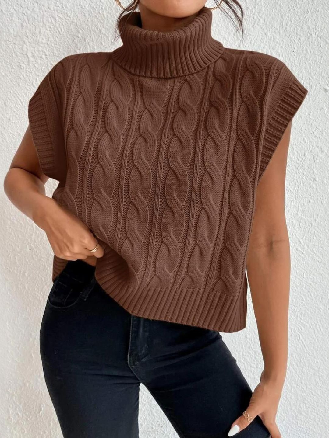 

StyleCast Women High Neck Cap Sleeves Self Design Acrylic Regular Top, Brown