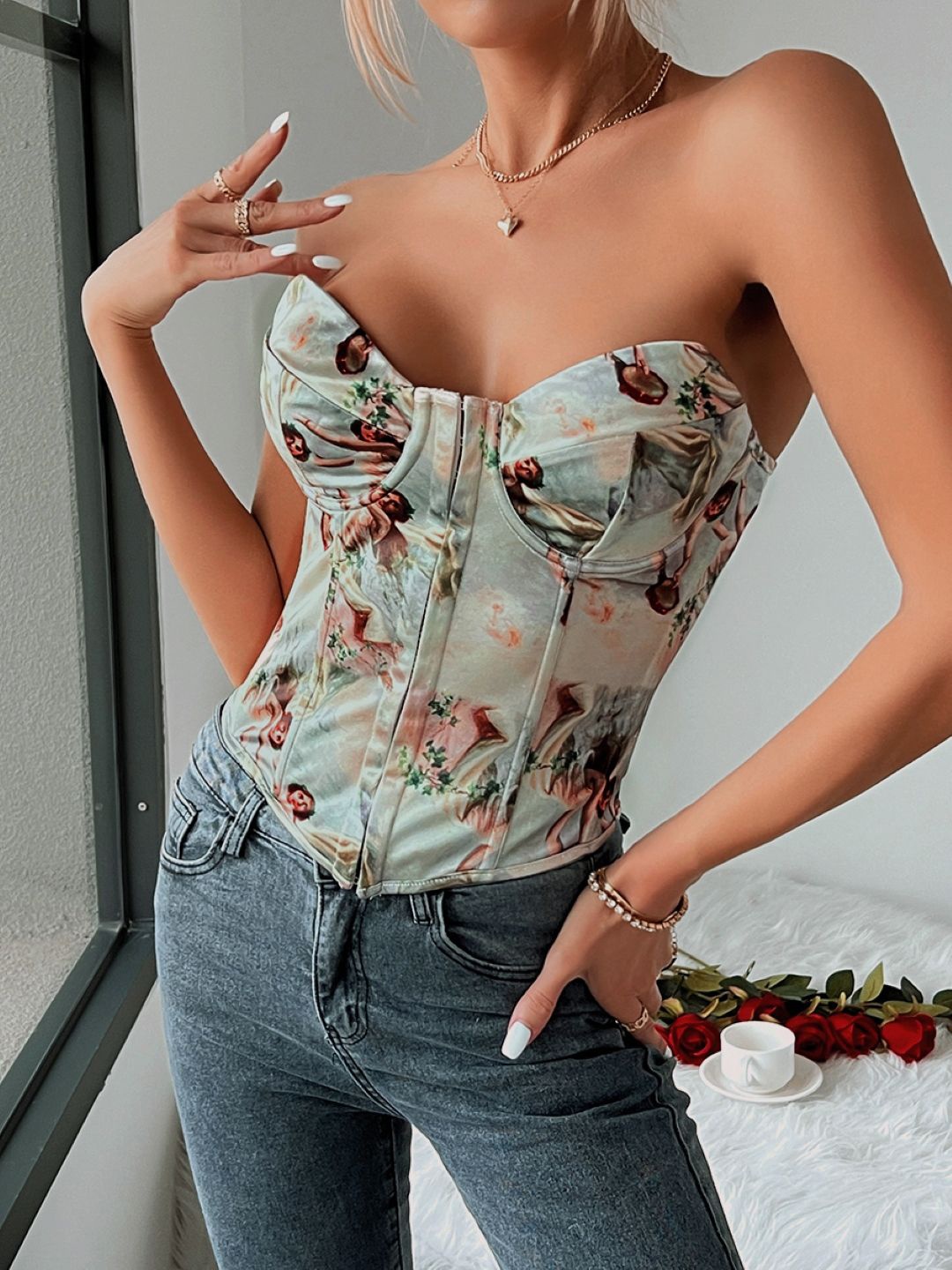 

StyleCast Abstract Printed Sleeveless Corset Top, Green
