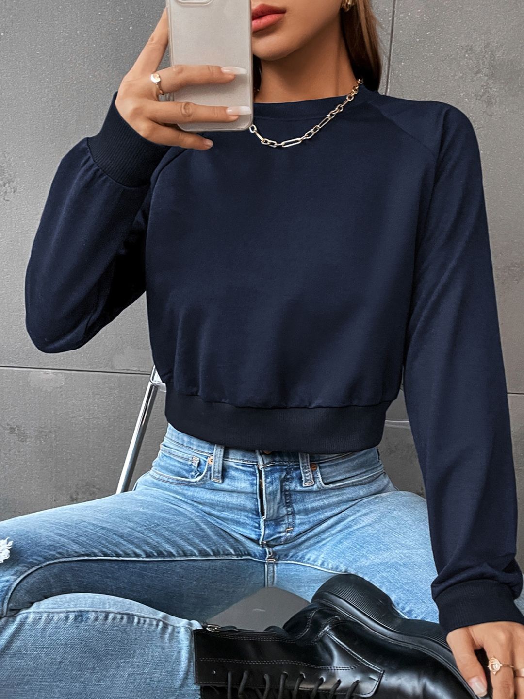 

StyleCast Solid Round Neck Crop Top, Navy blue