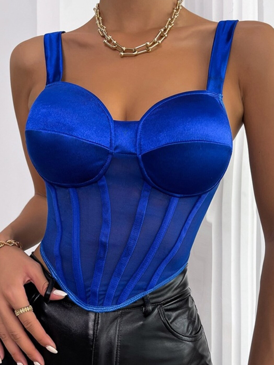 

StyleCast Shoulder Straps Solid Fitted Corset Top, Blue