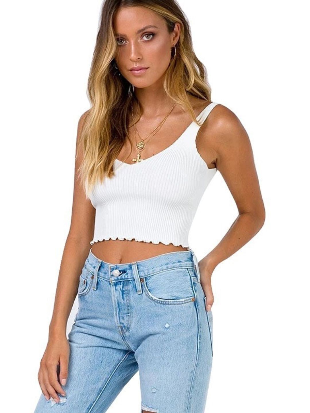

StyleCast Solid Shoulder Straps Fitted Crop Top, White