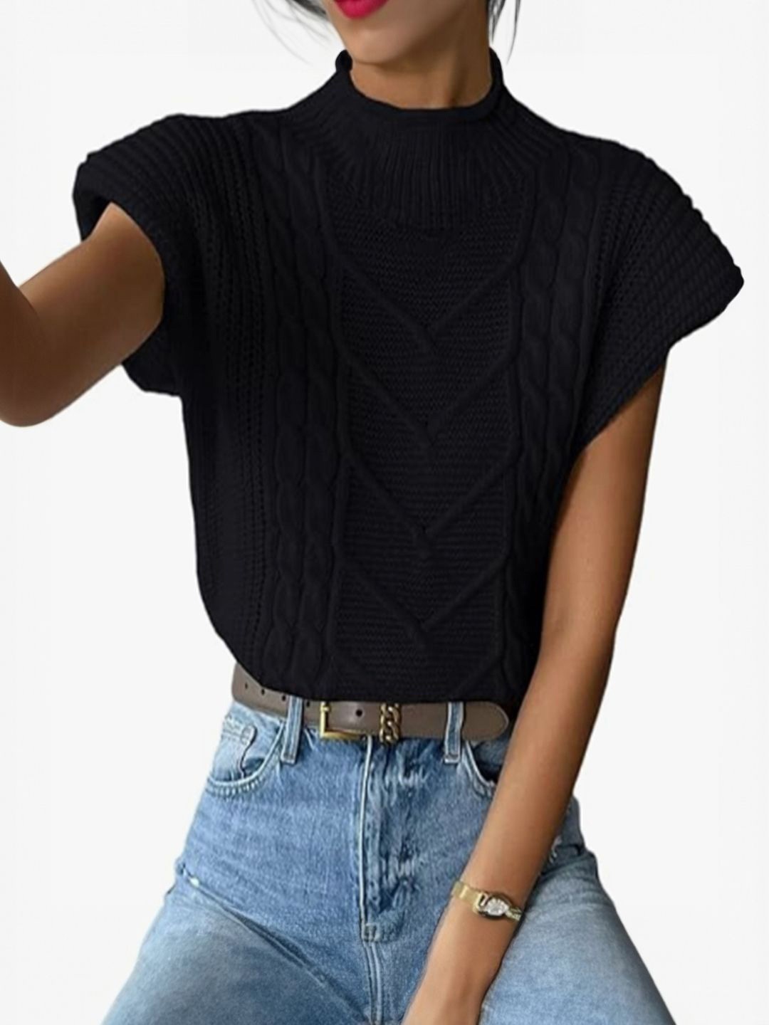 

StyleCast High Neck Self Designed Knitted Top, Black