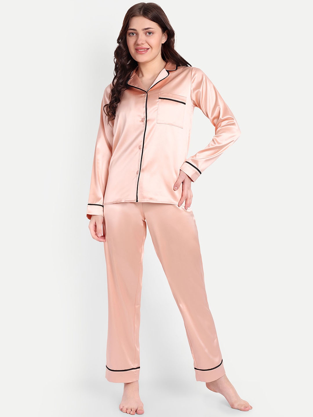 

So What Lapel Collar Long Sleeves Night suit, Peach