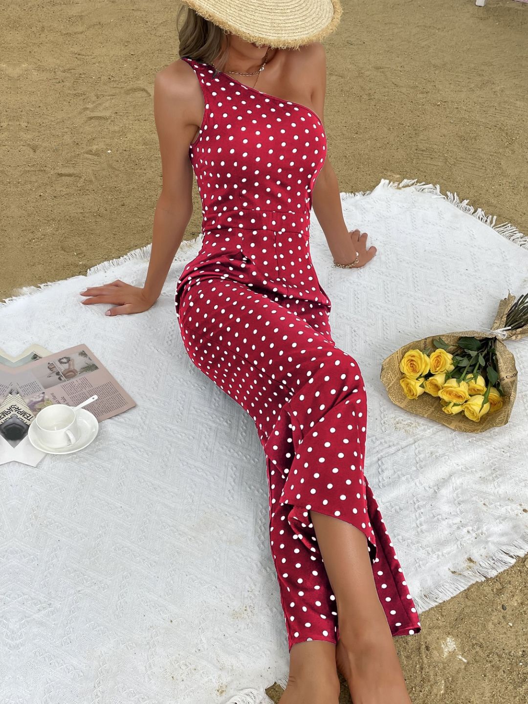 

StyleCast Red & White Polka Dots Printed One Shoulder Jumpsuit