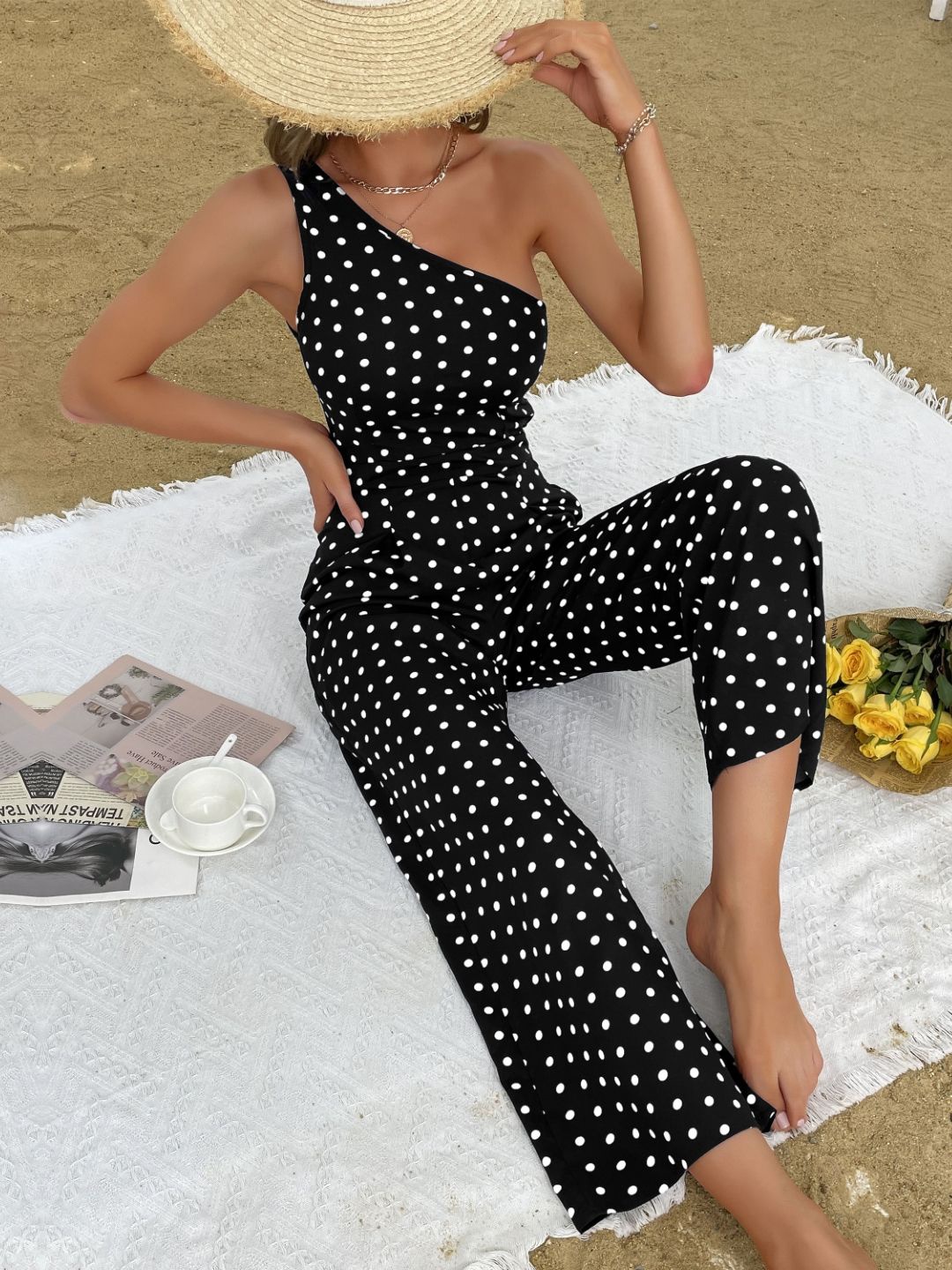 

StyleCast Black & White Polka Dots Printed One Shoulder Jumpsuit