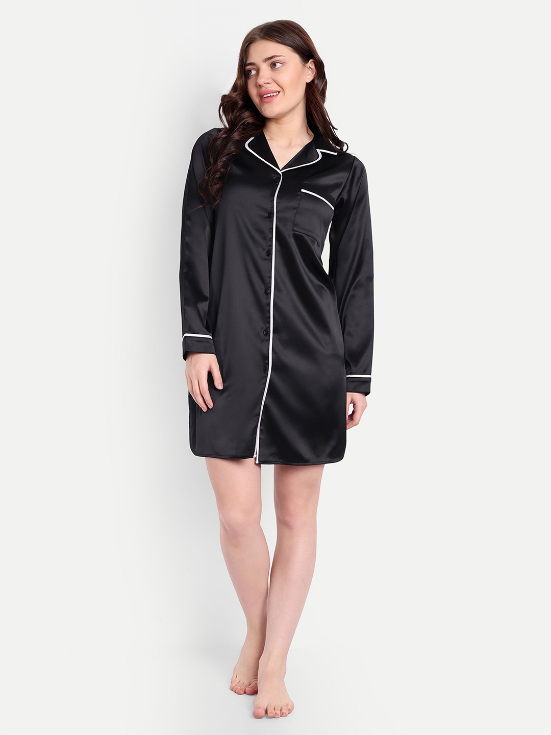 

So What Lapel Collar Long Sleeves Nightdress, Black