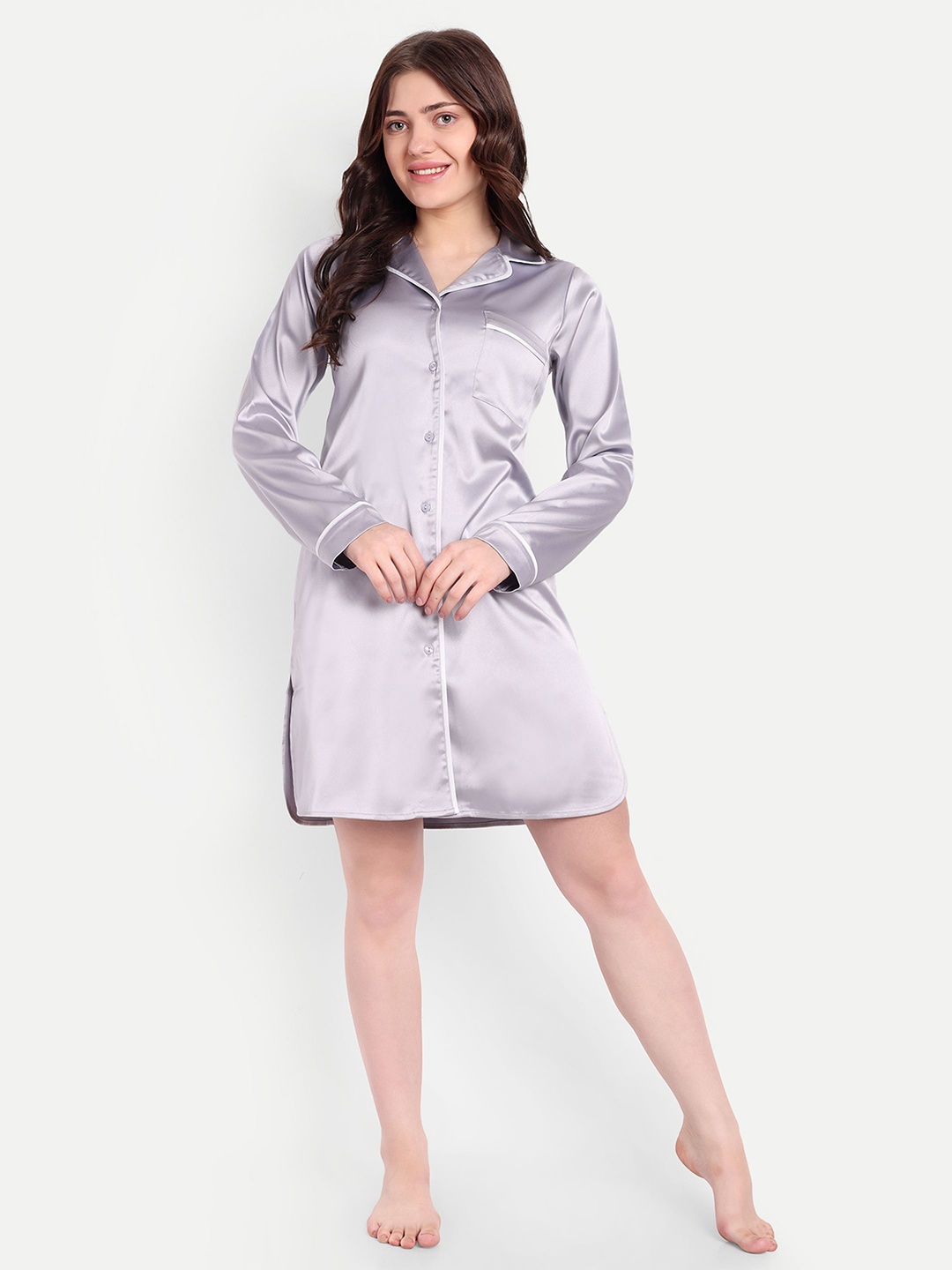 

So What Lapel Collar Long Sleeves Nightdress, Silver